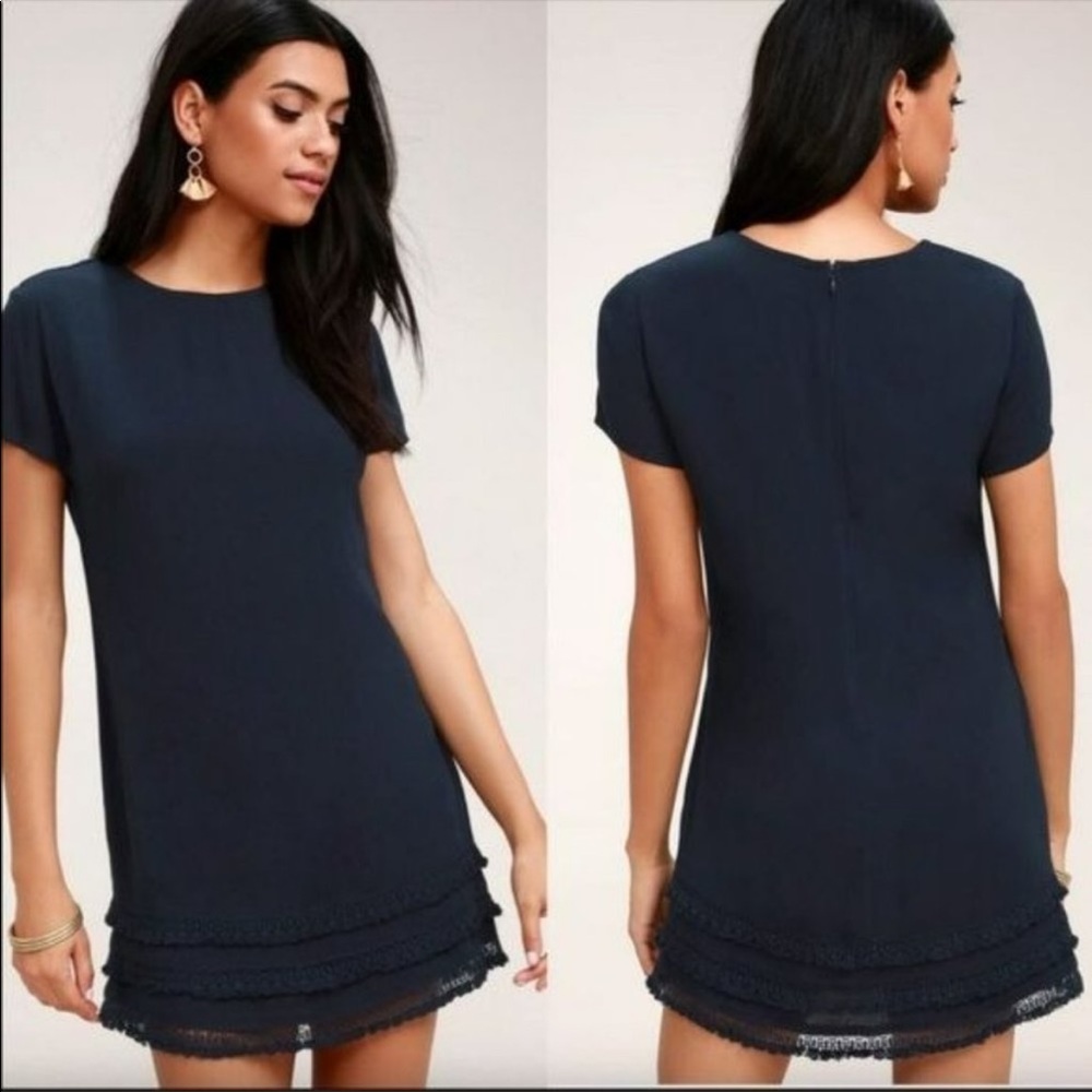 Lulus D12769 Buenos Aires Navy Blue Fringe Trim Short Sleeve Shift Dress Small